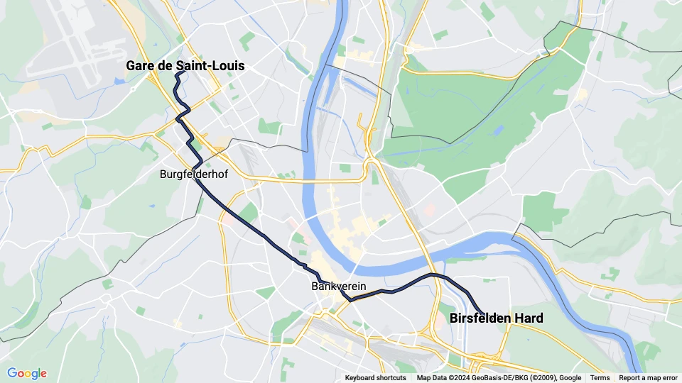 Basel tram line 3: Birsfelden Hard - Gare de Saint-Louis route map