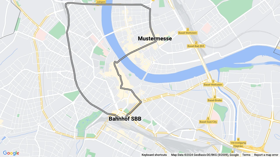 Basel tram line 4: Bahnhof SBB - Mustermesse route map