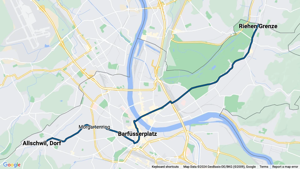 Basel tram line 6: Allschwil, Dorf - Riehen Grenze route map