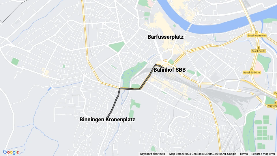 Basel tram line 7: Bahnhof SBB - Binningen Kronenplatz route map