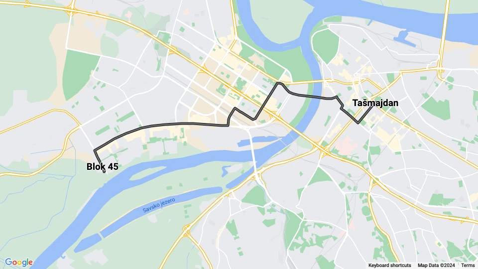 Belgrade extra line 7L: Blok 45 - Tašmajdan route map