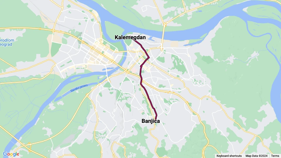 Belgrade tram line 10: Banjica - Kalemegdan route map