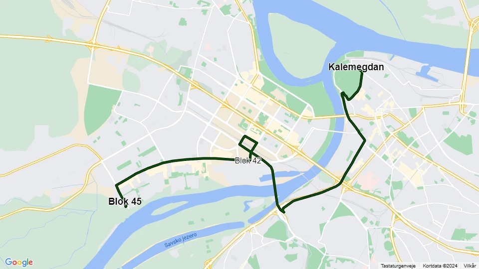 Belgrade tram line 11: Blok 45 - Kalemegdan route map
