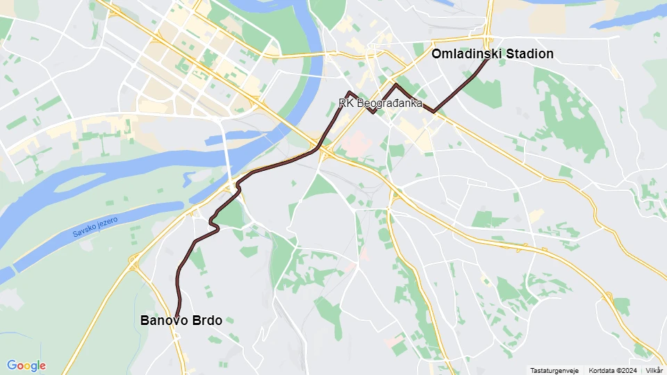 Belgrade tram line 12: Omladinski Stadion - Banovo Brdo route map