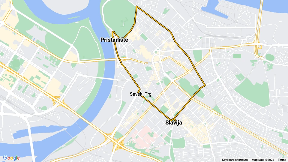 Belgrade tram line 2: Pristanište - Slavija route map