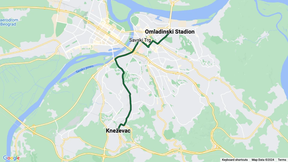 Belgrade tram line 3: Kneževac - Omladinski Stadion route map
