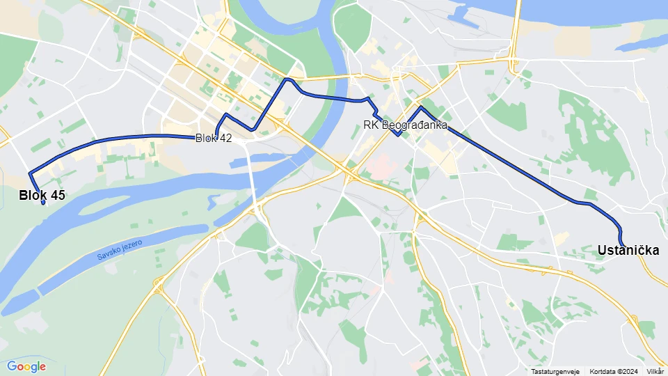 Belgrade tram line 7: Blok 45 - Ustanička route map