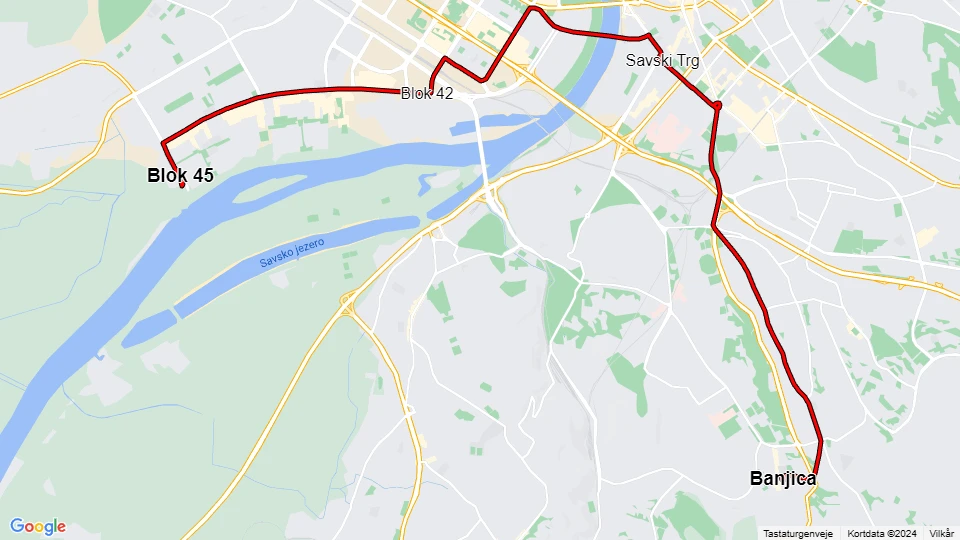 Belgrade tram line 9: Blok 45 - Banjica route map