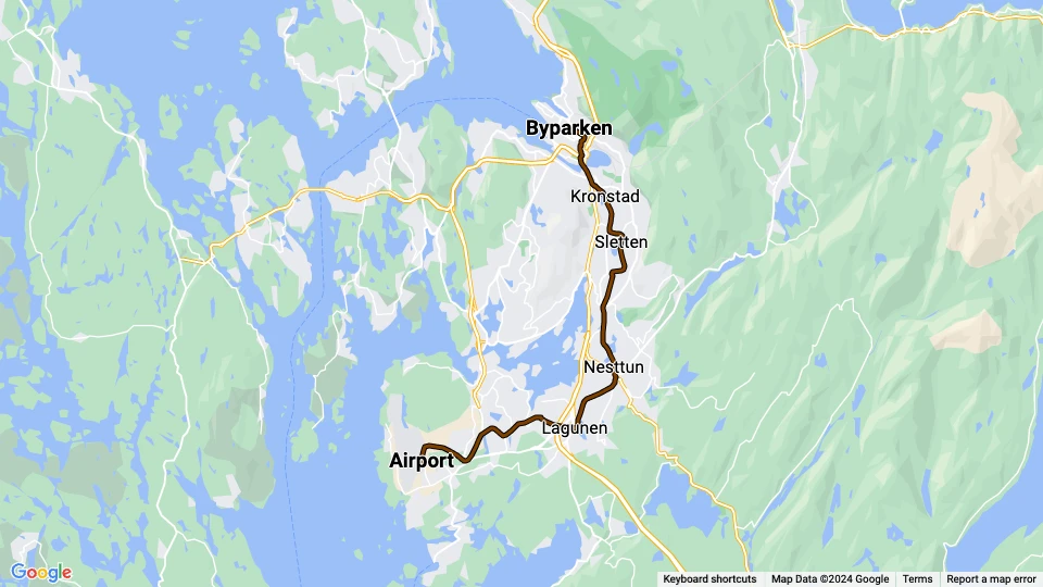 Bergen tram line 1 (Bybanen): Byparken - Airport route map