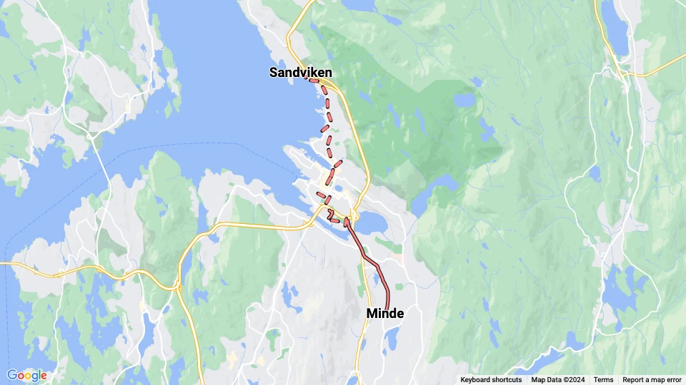 Bergen tram line 1: Minde - Sandviken route map