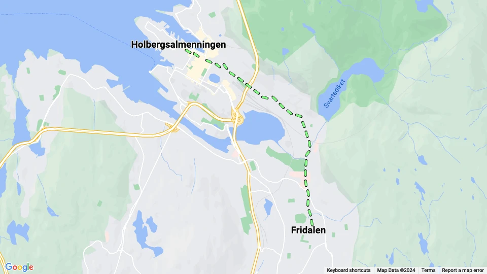 Bergen tram line 2: Fridalen - Holbergsalmenningen route map