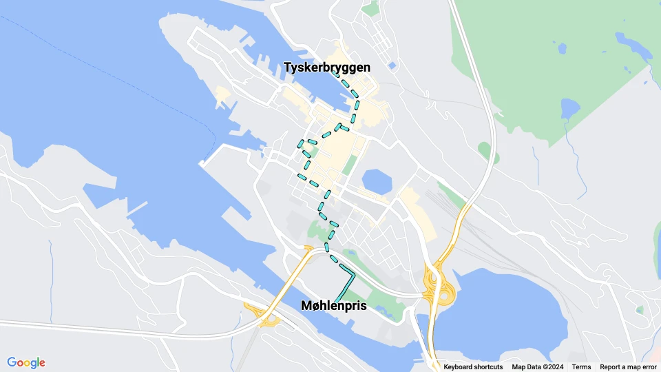 Bergen tram line 3: Møhlenpris - Tyskerbryggen route map