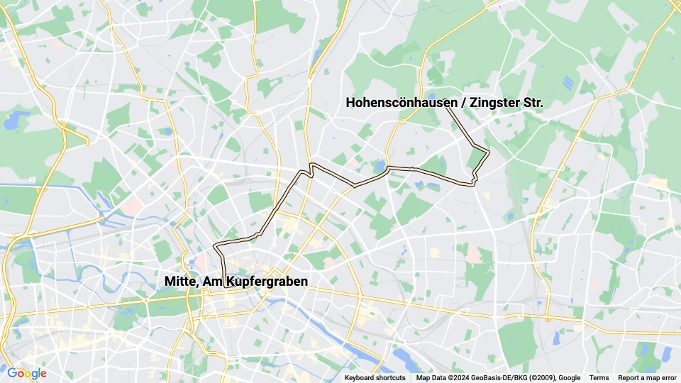 Berlin extra line 13: Mitte, Am Kupfergraben - Hohenscönhausen / Zingster Str. route map