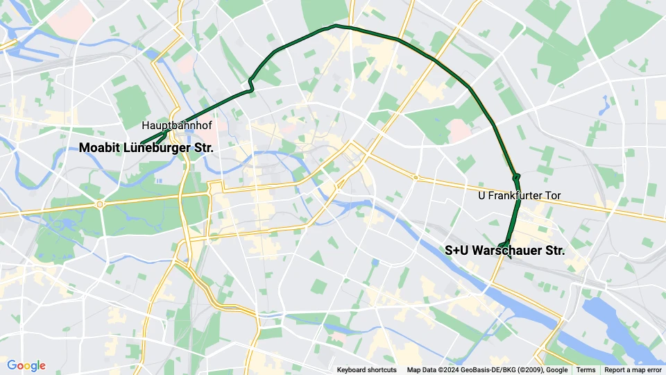 Berlin fast line M10: Moabit Lüneburger Str. - S+U Warschauer Str. route map