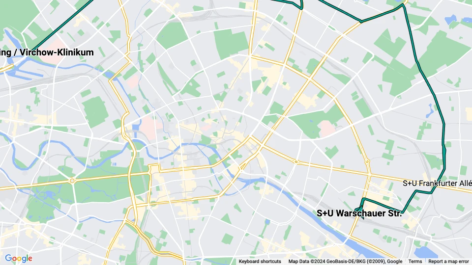 Berlin fast line M13: S+U Warschauer Str. - Wedding / Virchow-Klinikum route map