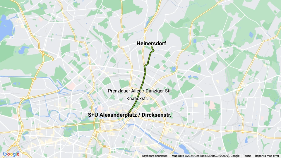 Berlin fast line M2: Heinersdorf - S+U Alexanderplatz / Dircksenstr. route map