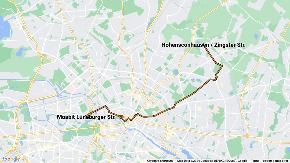 Berlin fast line M5: Hohenscönhausen / Zingster Str. - Moabit Lüneburger Str. route map