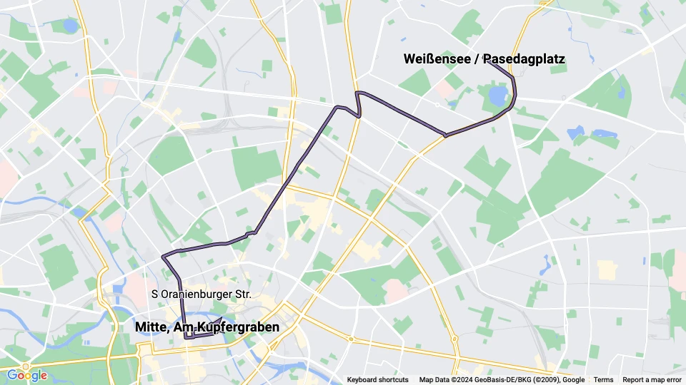 Berlin tram line 12: Mitte, Am Kupfergraben - Weißensee / Pasedagplatz route map