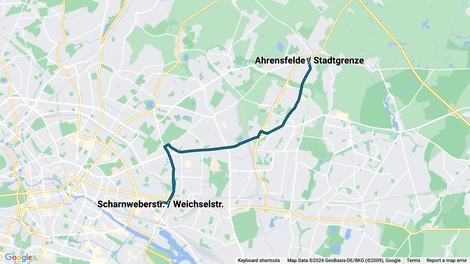 Berlin tram line 16: Ahrensfelde / Stadtgrenze - Scharnweberstr. / Weichselstr. route map
