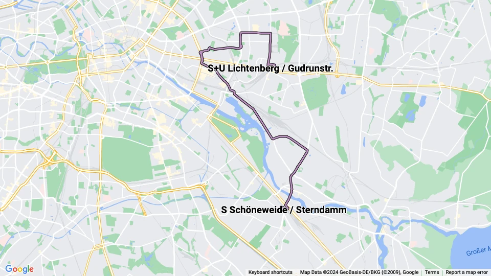 Berlin tram line 21: S+U Lichtenberg / Gudrunstr. - S Schöneweide / Sterndamm route map