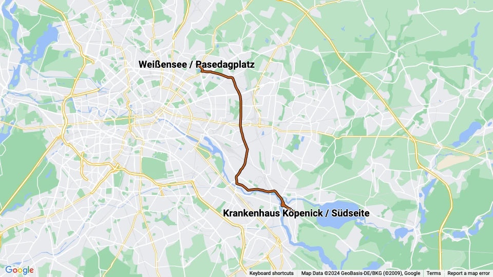 Berlin tram line 27: Weißensee / Pasedagplatz - Krankenhaus Köpenick / Südseite route map