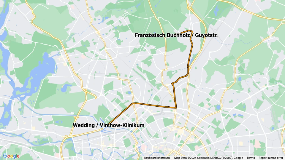 Berlin tram line 50: Wedding / Virchow-Klinikum - Französisch Buchholz / Guyotstr. route map