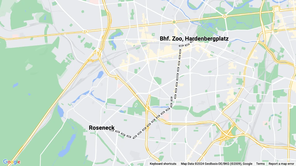Berlin tram line 51: Roseneck - Bhf. Zoo, Hardenbergplatz route map