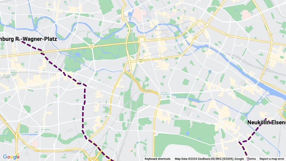 Berlin tram line 6: Charlottenburg R.-Wagner-Platz - Neukölln Elsenstr route map