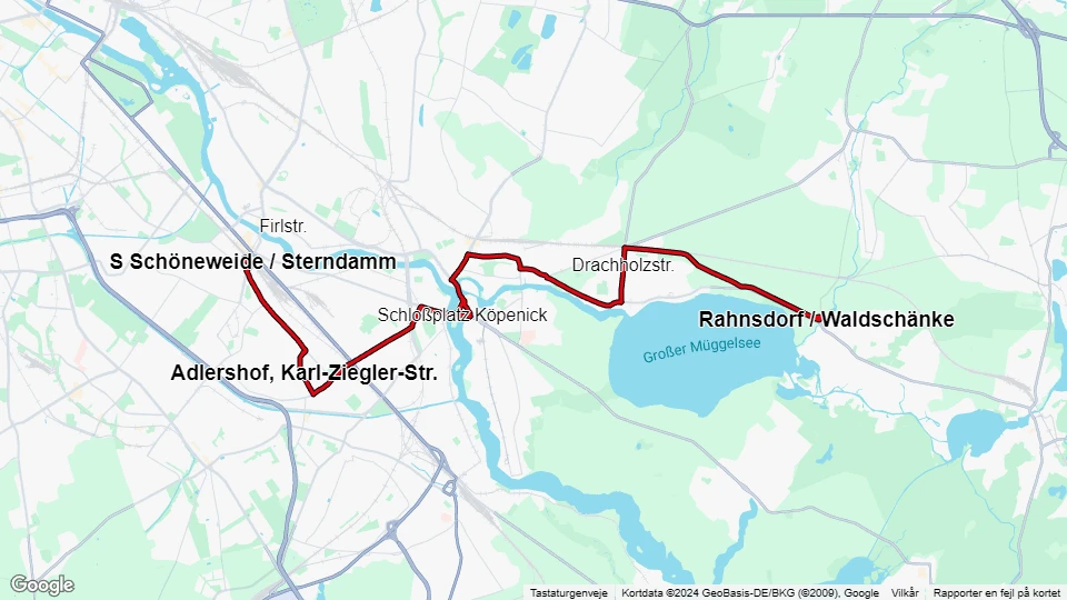 Berlin tram line 61: S Schöneweide / Sterndamm - Rahnsdorf / Waldschänke route map