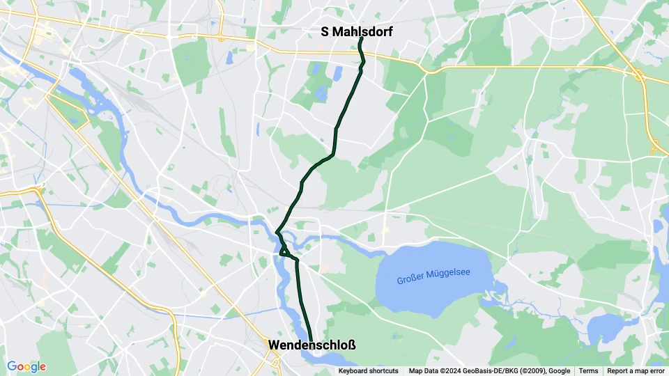 Berlin tram line 62: Wendenschloß - S Mahlsdorf route map