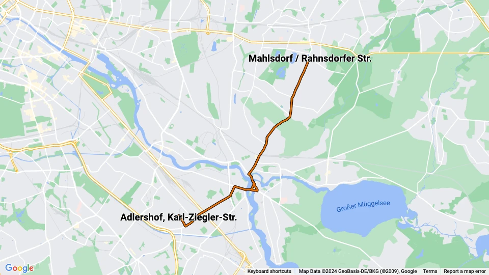 Berlin tram line 63: Adlershof, Karl-Ziegler-Str. - Mahlsdorf / Rahnsdorfer Str. route map