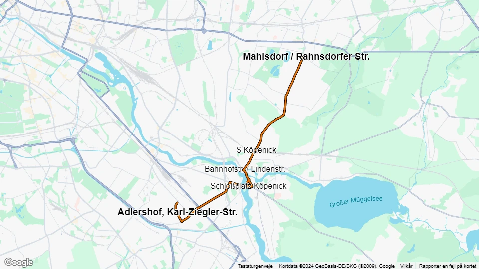 Berlin tram line 63: Landschaftpark Johannisthal - Mahlsdorf / Rahnsdorfer Str. route map