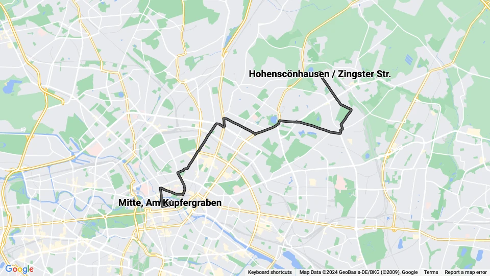 Berlin tram line 70: Mitte, Am Kupfergraben - Hohenscönhausen / Zingster Str. route map