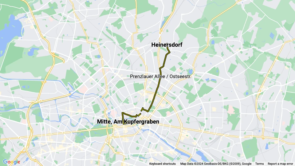 Berlin tram line 71: Mitte, Am Kupfergraben - Heinersdorf route map