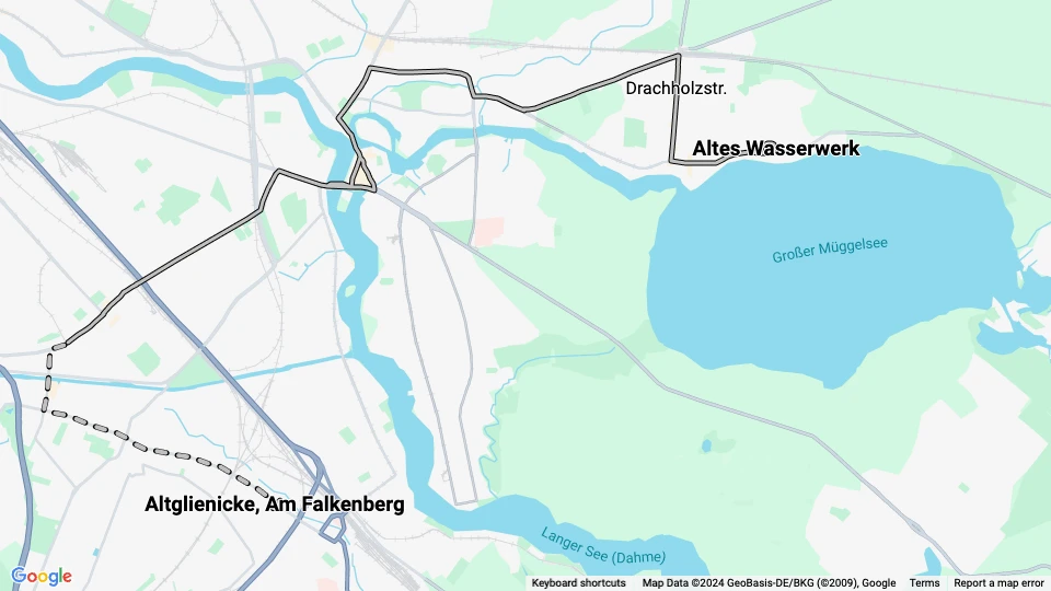 Berlin tram line 84: Altes Wasserwerk - Altglienicke, Am Falkenberg route map