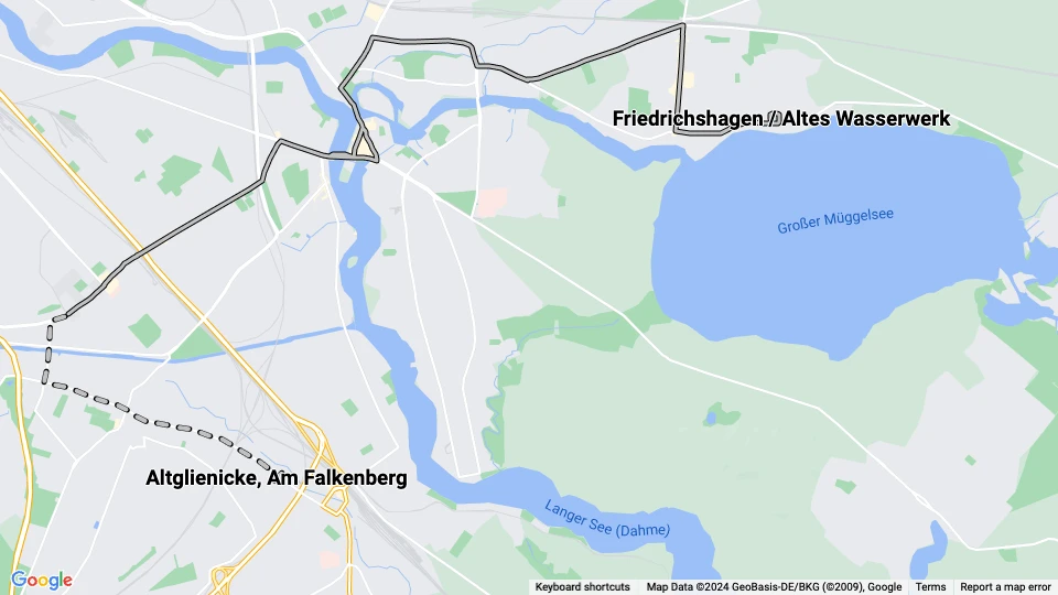 Berlin tram line 84: Friedrichshagen / Altes Wasserwerk - Altglienicke, Am Falkenberg route map