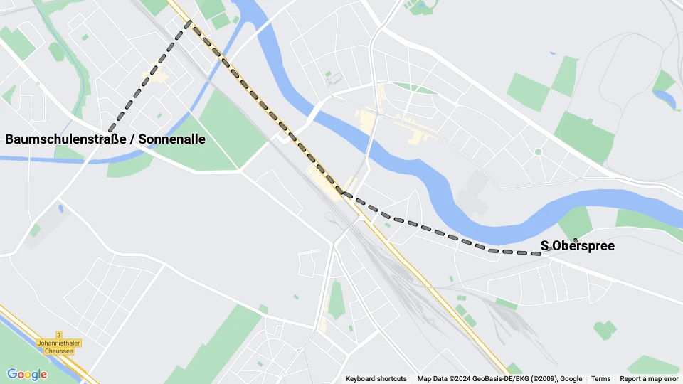 Berlin tram line 92: S Oberspree - Baumschulenstraße / Sonnenalle route map