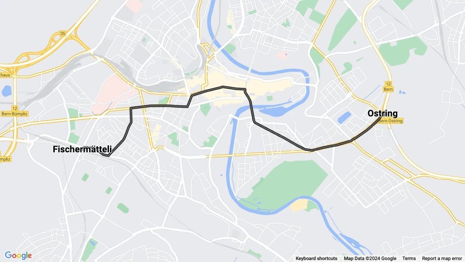 Berne tram line 5: Fischermätteli - Ostring route map