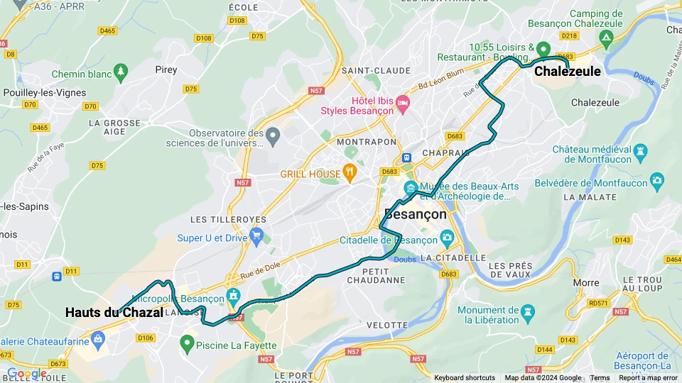 Besançon tram line T1: Hauts du Chazal - Chalezeule route map