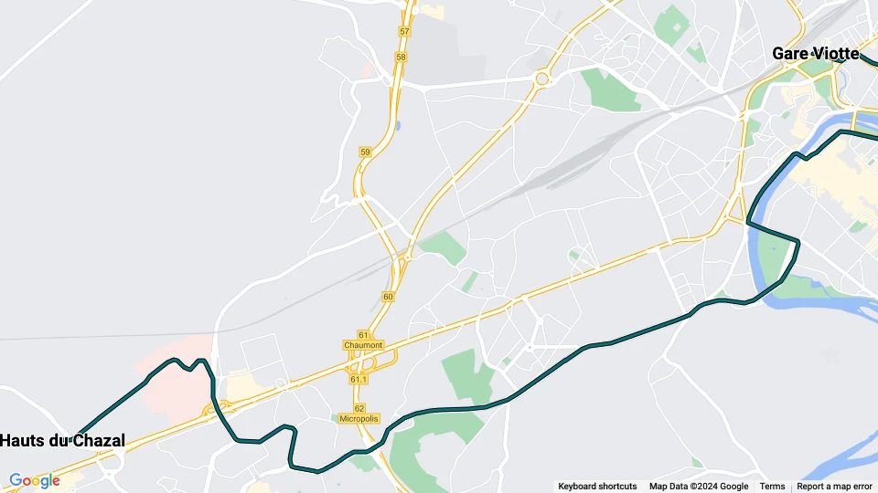 Besançon tram line T2: Hauts du Chazal - Gare Viotte route map