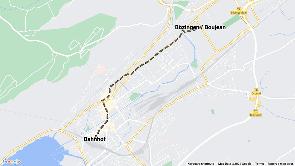 Biel/Bienne tram line 1: Bahnhof - Bözingen / Boujean route map