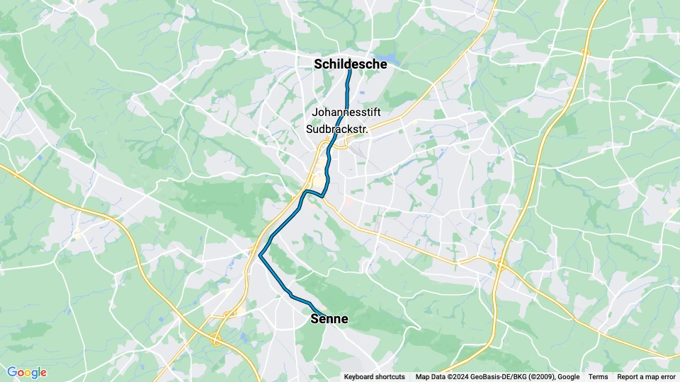 Bielefeld tram line 1: Senne - Schildesche route map