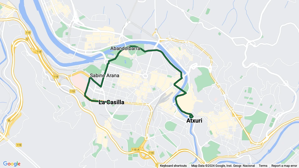 Bilbao tram line A: Atxuri - La Casilla route map