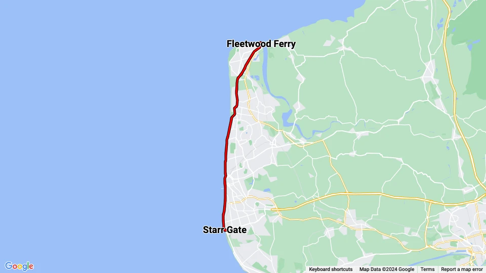 Blackpool Heritage Trams: Starr Gate - Fleetwood Ferry route map