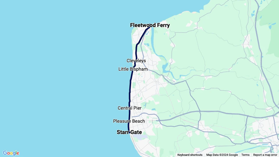 Blackpool tram line T1: Fleetwood Ferry - Starr Gate route map