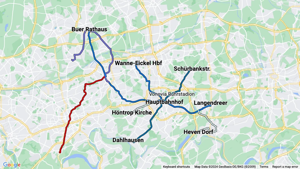 Bochum-Gelsenkirchener Straßenbahnen (BOGESTRA) route map