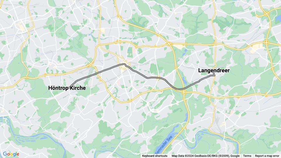 Bochum tram line 305: Langendreer - Höntrop Kirche route map