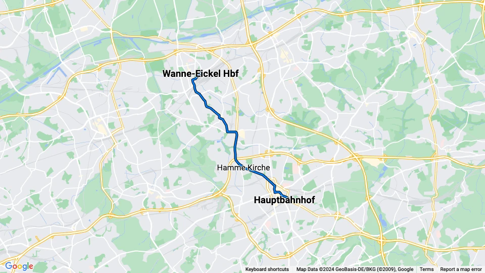 Bochum tram line 306: Hauptbahnhof - Wanne-Eickel Hbf route map