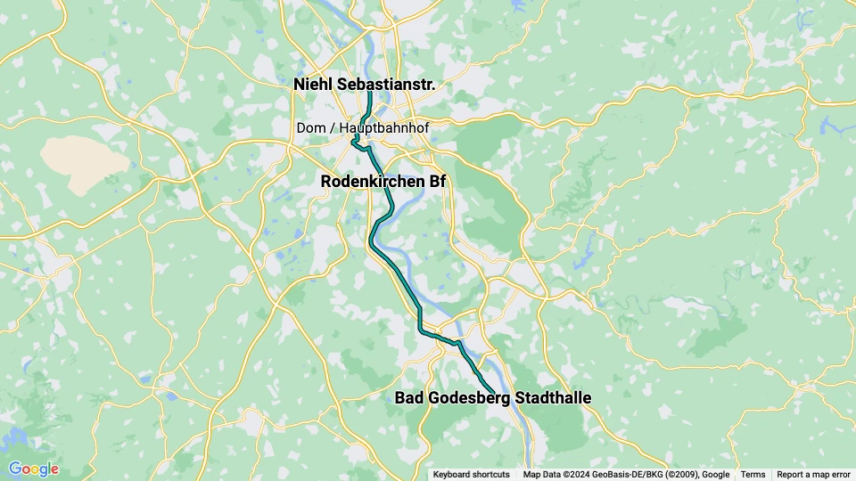 Bonn regional line 16: Niehl Sebastianstr. - Bad Godesberg Stadthalle route map