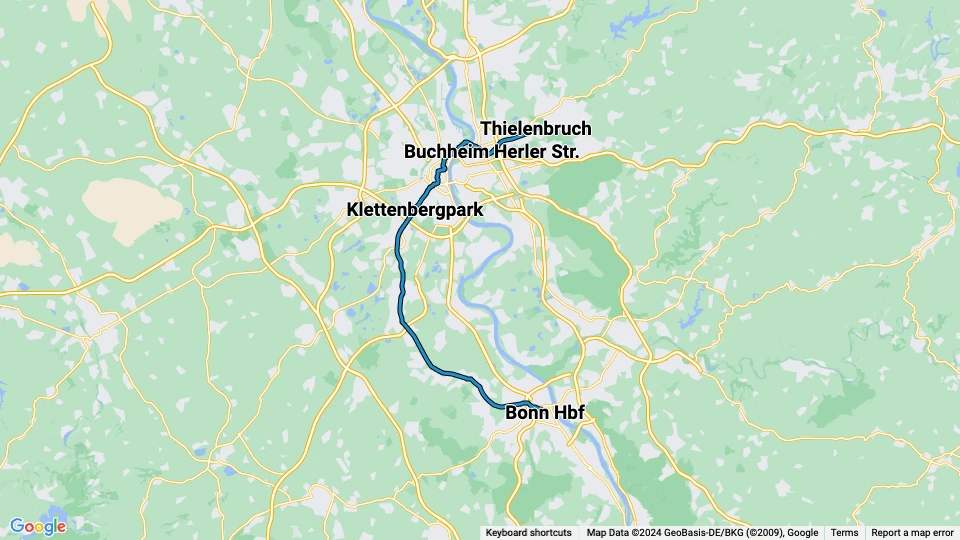 Bonn regional line 18: Bonn Hbf - Thielenbruch route map